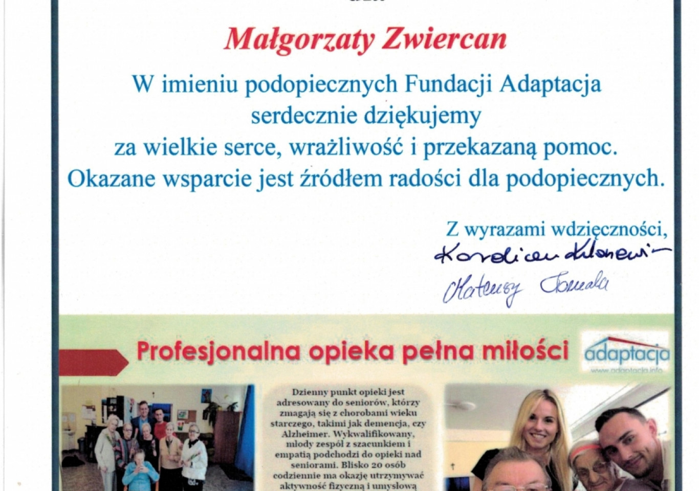 Podziękowania dla poseł Małgorzaty Zwiercan