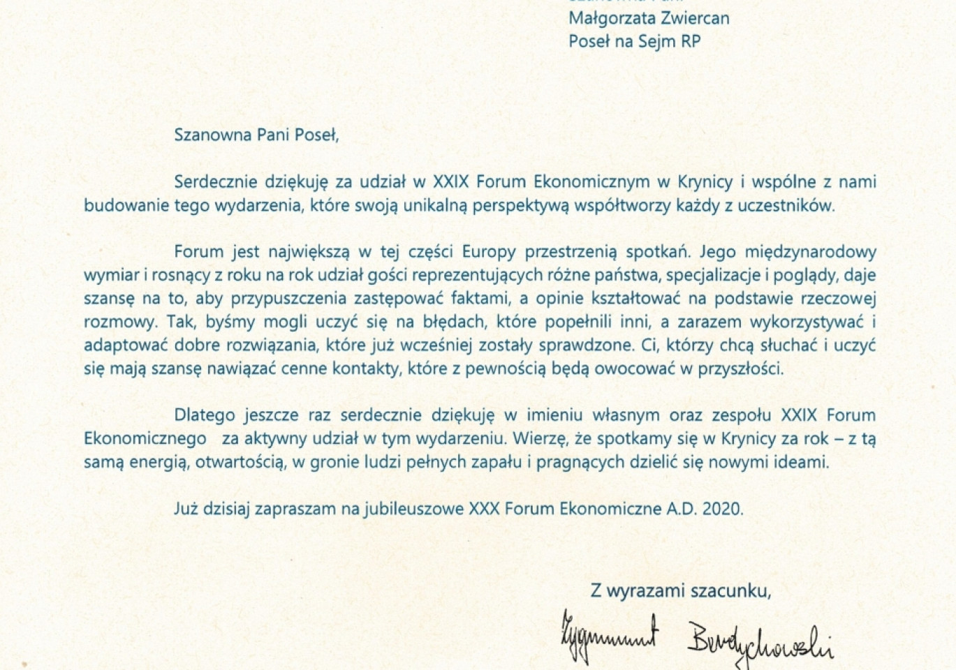 Podziękowania dla poseł Małgorzaty Zwiercan