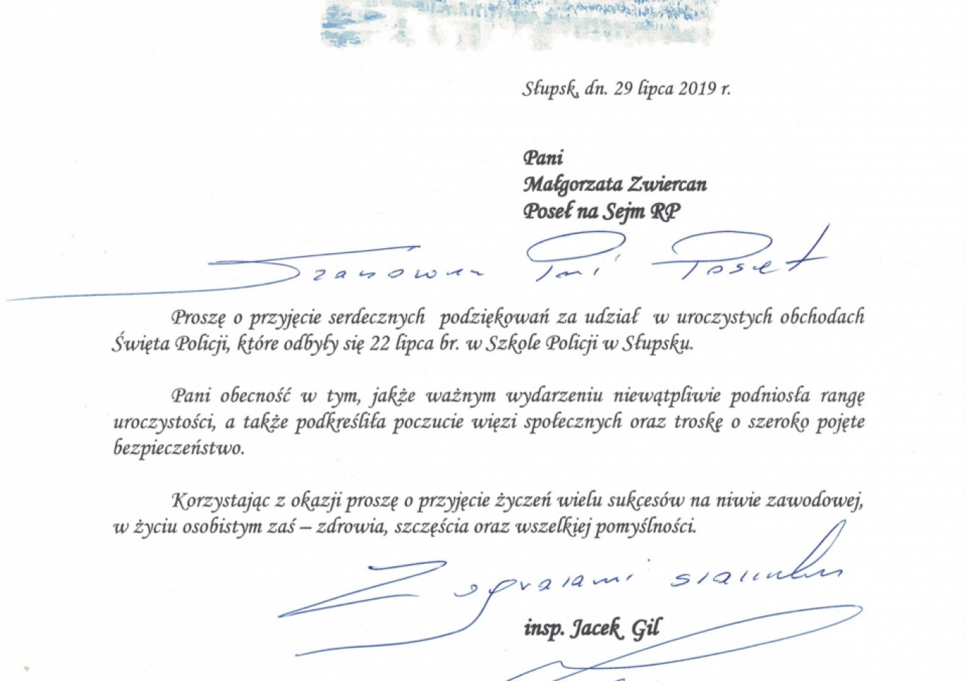 Podziękowania dla poseł Małgorzaty Zwiercan