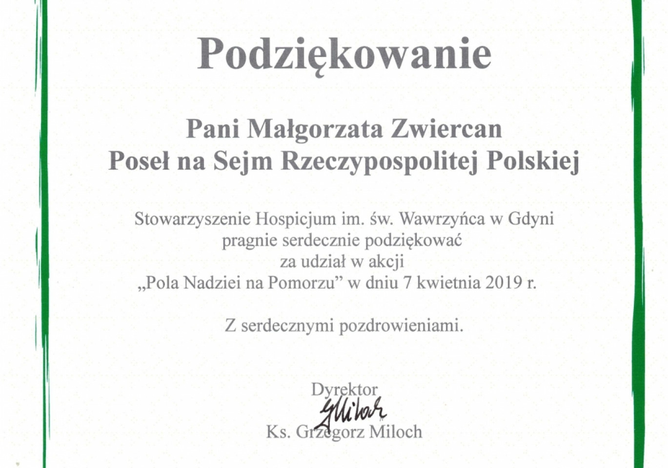 Podziękowania dla poseł Małgorzaty Zwiercan