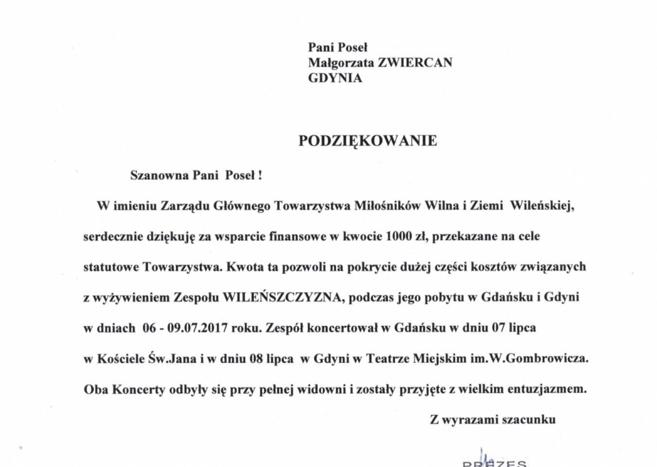 Podziękowania dla poseł Małgorzaty Zwiercan