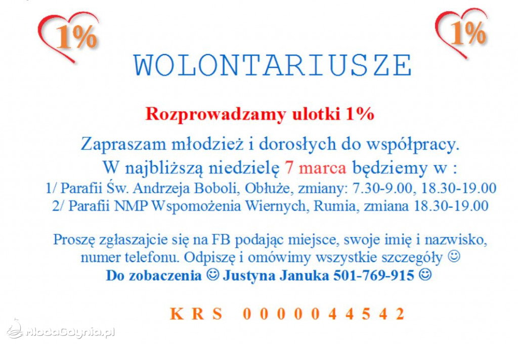 Wolontariusze rozdają ulotki 1 % dla Hospicjum