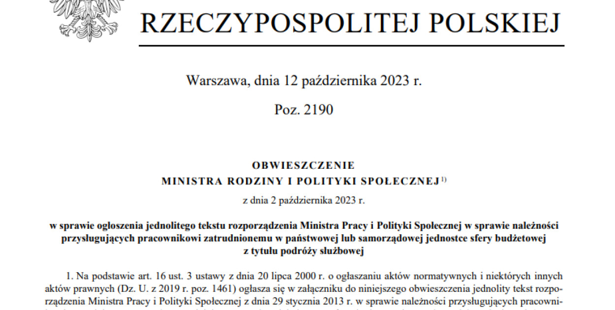 Opublikowano jednolity tekst rozporządzenia w sprawie należności z tytułu podróży 